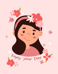 Enjoy your day. Girl with wreath and flowers around. Card design, congratulations on arrival of spring or March 8. Poster or banner, graphic elements for site. Cartoon flat vector illustration