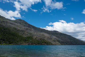 View of the lake in the mountains.	
