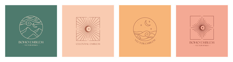 Set of vector linear boho emblems.Bohemian logo designs with sea or lake,sun and sunburst,mountains and crescent moon.Modern celestial icons or symbols in trendy minimalstyle.Branding design templates