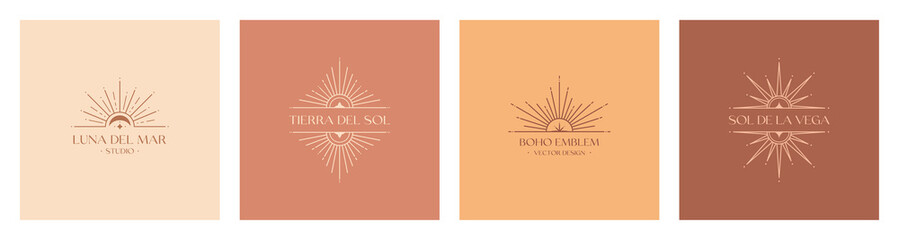 Set of vector bohemian logos.Boho linear icons or emblems.Letters with Tierra del Sol means The Land of Sun,Letters with Luna del Mar means Sea Moon,Letters with Sol de la Vega means Sun of the Valley © Xenia Artwork 