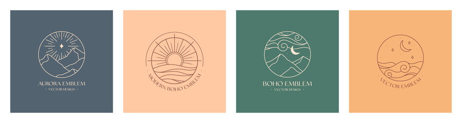 Set of vector linear boho emblems.Bohemian logo designs with sea or lake,sun,mountains,aurora lights and moon.Modern travel icons or symbols in trendy minimalist style.Branding design templates. © Xenia Artwork 