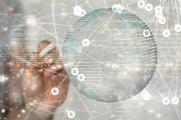 abstract lines with dots over dark background.