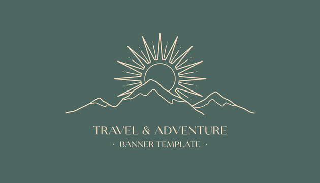 Vector travel logo design with snowcapped mountain landscape and sun.Boho linear icon or symbol in trendy minimalist style.Modern hike,camp or glamping resort label.Branding design,website banner.