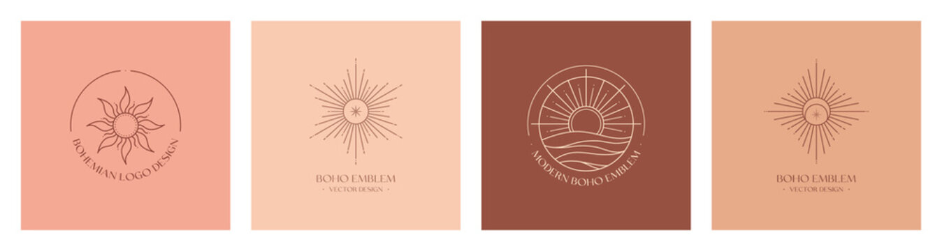 Set of vector bohemian logo design templates with sun and sunburst,sea or lake,moon,star. Boho linear icons or symbols in trendy minimalist style.Modern celestial emblems.Branding design templates.