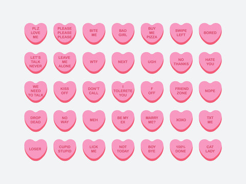 Set of candy conversation hearts. Anti-valentine day sarcastic theme. Vector pink sweets on isolated background. Funny sarcastic quotes. For the design of postcards, clothes, web.