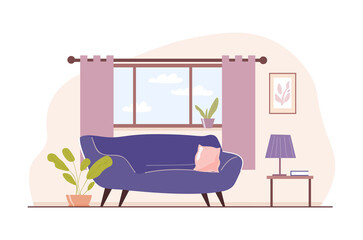 Minimalistic interior concept. Apartment with sofa, table and plants. Only important and necessary furniture. Modern home, room or house. Comfort and coziness. Cartoon flat vector illustration