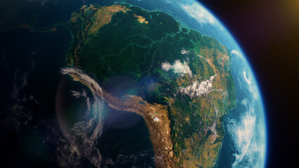 Regenwoud van Amazon in Zuid-Amerika vanuit de ruimteweergave, realistische rotatie van de planeet Aarde
