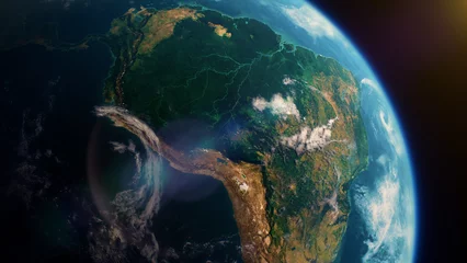 Selbstklebende Fototapete Brasilien Regenwald des Amazonas in Südamerika aus der Weltraumansicht, realistische Erdrotation
