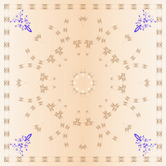 A symmetrical pattern of abstract shapes creates an ornament in the form of a colorful flower. Ornament on a brown, gradient background.