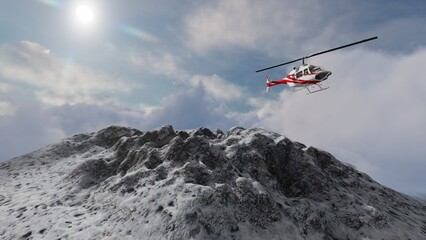 Fototapeta na wymiar Helicopter above peak mountain in winter time, 3D