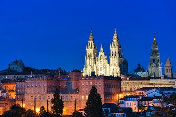 panoramic view of the cathedral of Santiago de Compostela in Spain - blue hour.