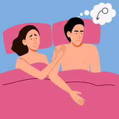 A couple of men and women lying in bed. The concept of a sexual or intimate problem between romantic partners. The girl comforts the guy. Vector illustration in a flat style.