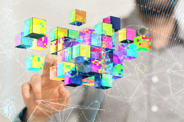 abstract lines with dots over dark background.