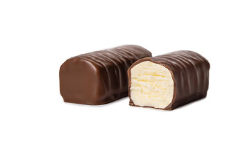 Glazed cheese in milk chocolate broken into halves on a white background