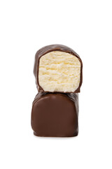 Glazed cheese in milk chocolate broken into halves on a white background
