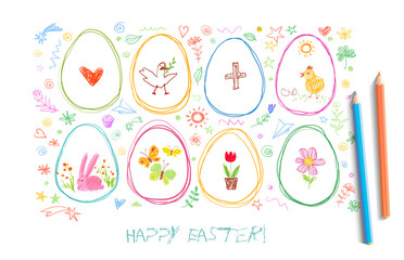 Children's drawing of easter doodles with colored crayons on white background.