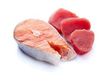 Salmon and tuna steak on white background