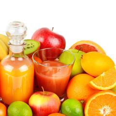 Citrus juice and fruits isolated on white.