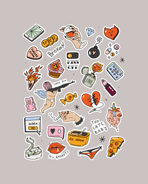 Anti-Valentines day stickers set in tattoo style. The broken heart of a lonely valentine's day. Cupid, heart, pain, pizza. Vector illustration for print and web