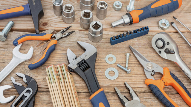 Work tool on wooden background. Hand tool new set for repair and construction