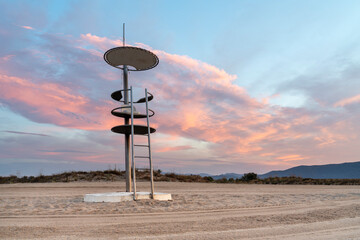 Maritime rescue watchtower on the sandy beach of Ampuriabrava, Catalonia, Spain.