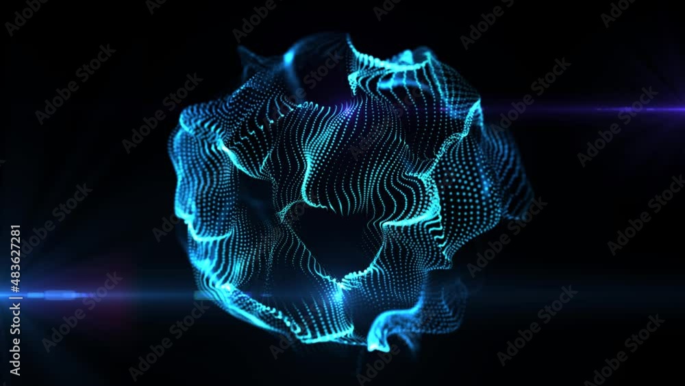 Poster Blue amorphous particle object changing its shape. Abstract technology motion background. Seamless loop. Depth of field settings. 3D rendering