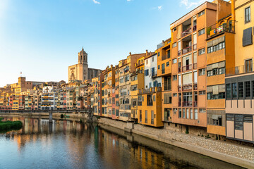 Fototapeta na wymiar view of the city of Girona in the historic center with the cathedral in Catalonia in Spain at sunset