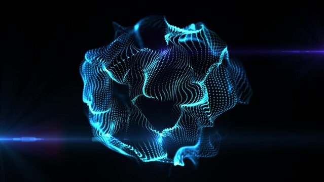 Blue amorphous particle object changing its shape. Abstract technology motion background. Seamless loop. Depth of field settings. 3D rendering