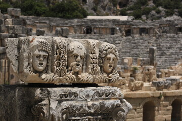 Demre, Antalya, Turkey - June 18 2014:   Theatrical masks in the Myra Ancient City Theater
