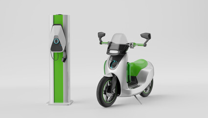 An electric motorbike with charging station, 3d render