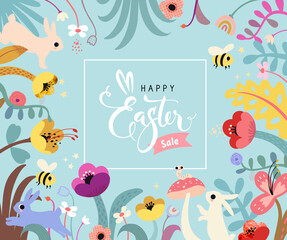 Fototapeta na wymiar Happy Easter Sale banner. Easter design with typography, Flowers strokes, dots, eggs, and bunny. Colorful modern flat style. Poster, greeting card, header,