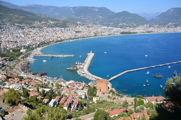 seaport with lighthouse in Alanya, view from the top of mountain