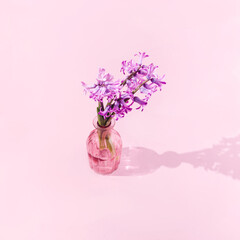A romantic pink vase with a bouquet od spring hyacinth flowers on pastel pink background. Minimal composition for Valentine's day card or banner. Design for spring fashion advertisement.