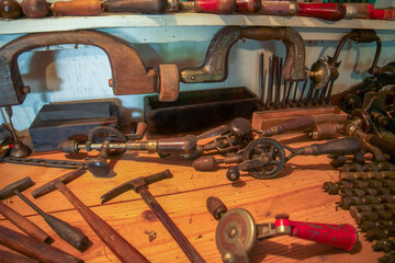Antique tools on a workbench