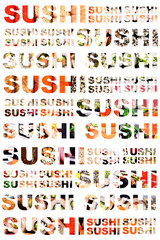 Collage with text sushi. Food. Sushi and rolls in different compositions on background. 