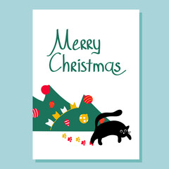 Illustration of a black cat that knocked over a decorated Christmas tree. Christmas white card with lettering Merry Christmas on a blue background.