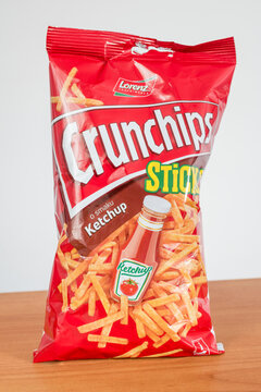 Pruszcz Gdanski, Poland - October 13, 2021: Lorenz Crunchips sticks Ketchup flavoured.