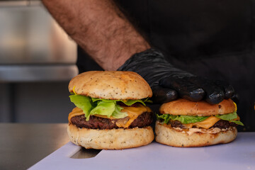 Finished hamburgers on a table