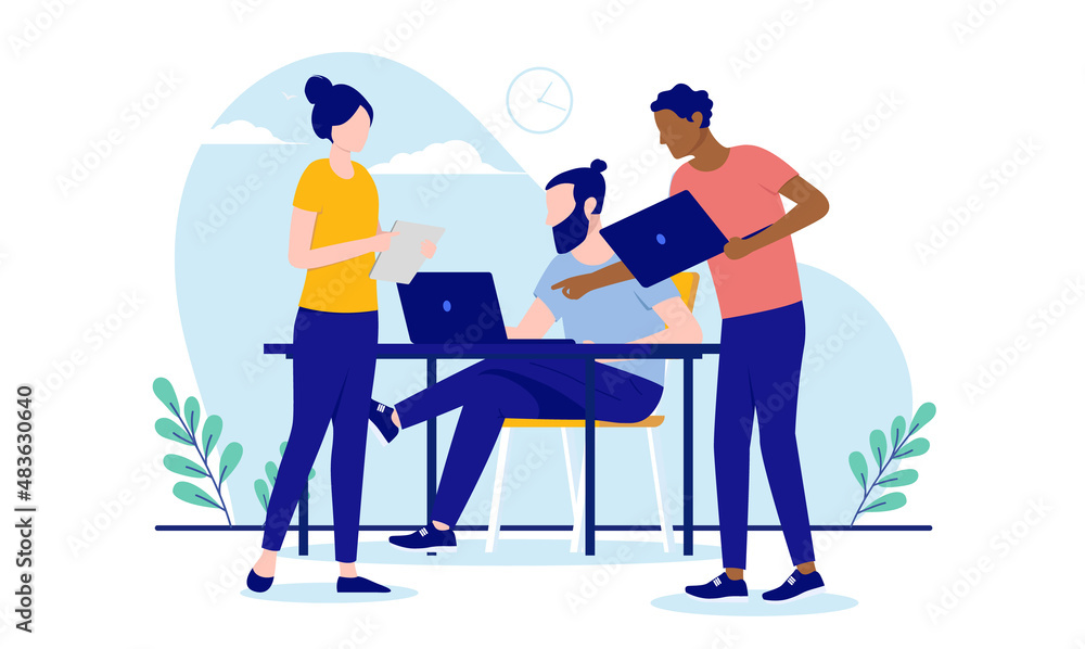 Poster casual teamwork - diverse team of people working together with computers. flat design vector illustr