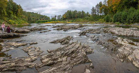 Exposed bedrock on Quechee River at Quechee Gorge bottom, near Woodstock, vermont