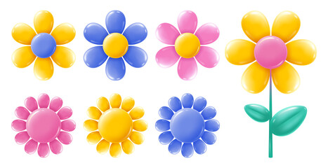 Set of colourful geometric abstract flowers, convex, from glossy and shiny plastic material. Vector illustration.