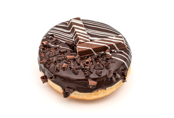 donut wrapped in dark chocolate with chocolate flakes on white background