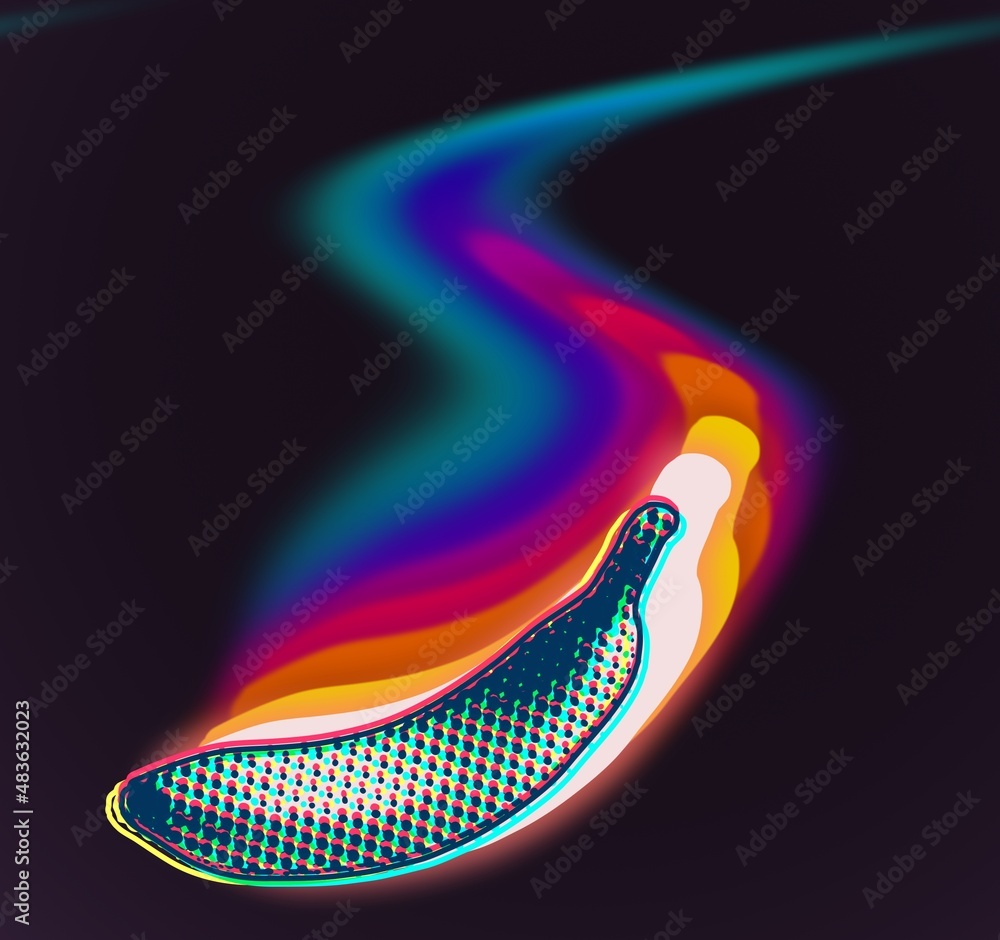 Poster concept illustration of banana in cmyk offset dot halftone printing style. colorful illustration in 