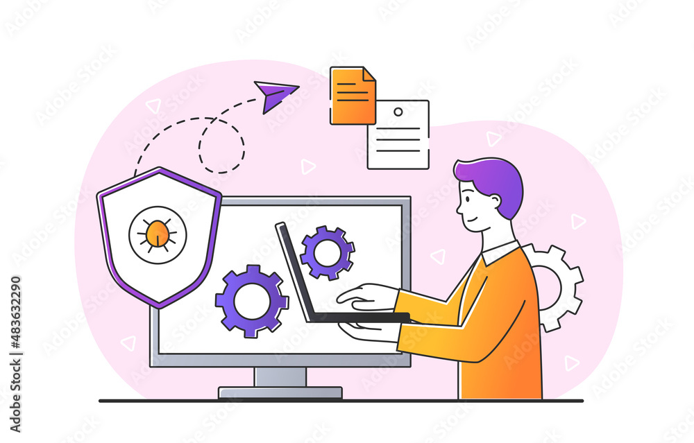 Poster deleting virus concept. man writes code at laptop. character doing work. freelancer and remote worke