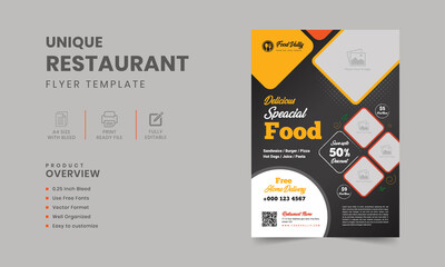 Obraz premium Fast food restaurant flyer design template | Special menu design | Modern food flyer, brochure, cover design in A4