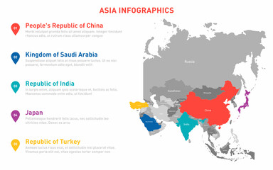 Naklejka premium Asia map infographic template. Vector map with Asian countries and borders. World business infographic template for data, analytics, information and economic statistic. Asia map template. Vector