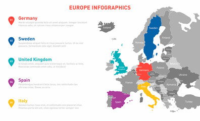 Europe map infographic template. Vector map with European countries and borders. World business infographic template for data, analytics, information and economic. Europe map template. Vector