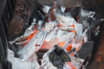 fire burning in a fireplace. Close up coals