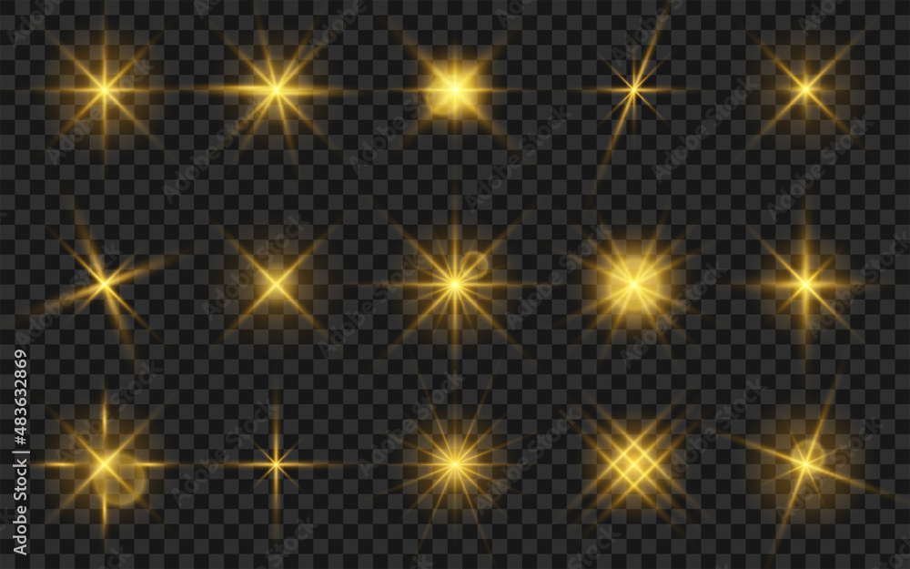 Fototapete Glowing star light effect collection. Light effect of sparkling stars and bright flashes. Golden sparkles and particles with glowing light. Golden flickers effect isolated on transparent background