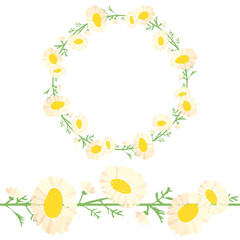 Detailed contour wreath with white daisies with green leaves isolated on white. Round frame for your design, greeting cards, wedding announcements, posters. Seamless pattern brush.